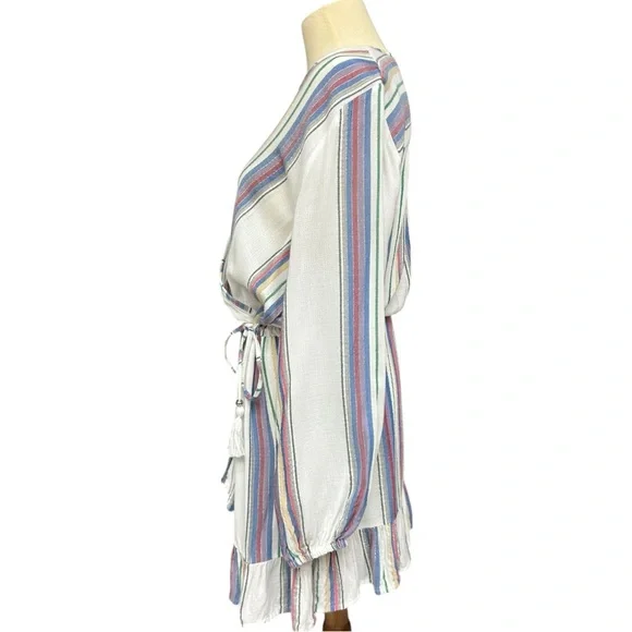 Blue Island White Multi Stripe Wrap Dress Women’s Medium Boho Tassel Tie Lightwe - Picture 3 of 13
